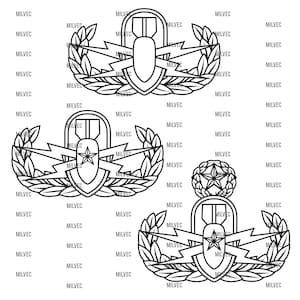 May include: Three black and white military insignia designs. Each features a central bomb shape, a shield, a star, lightning bolts, and laurel wreaths. The word "MILVEC" is repeated around the images.