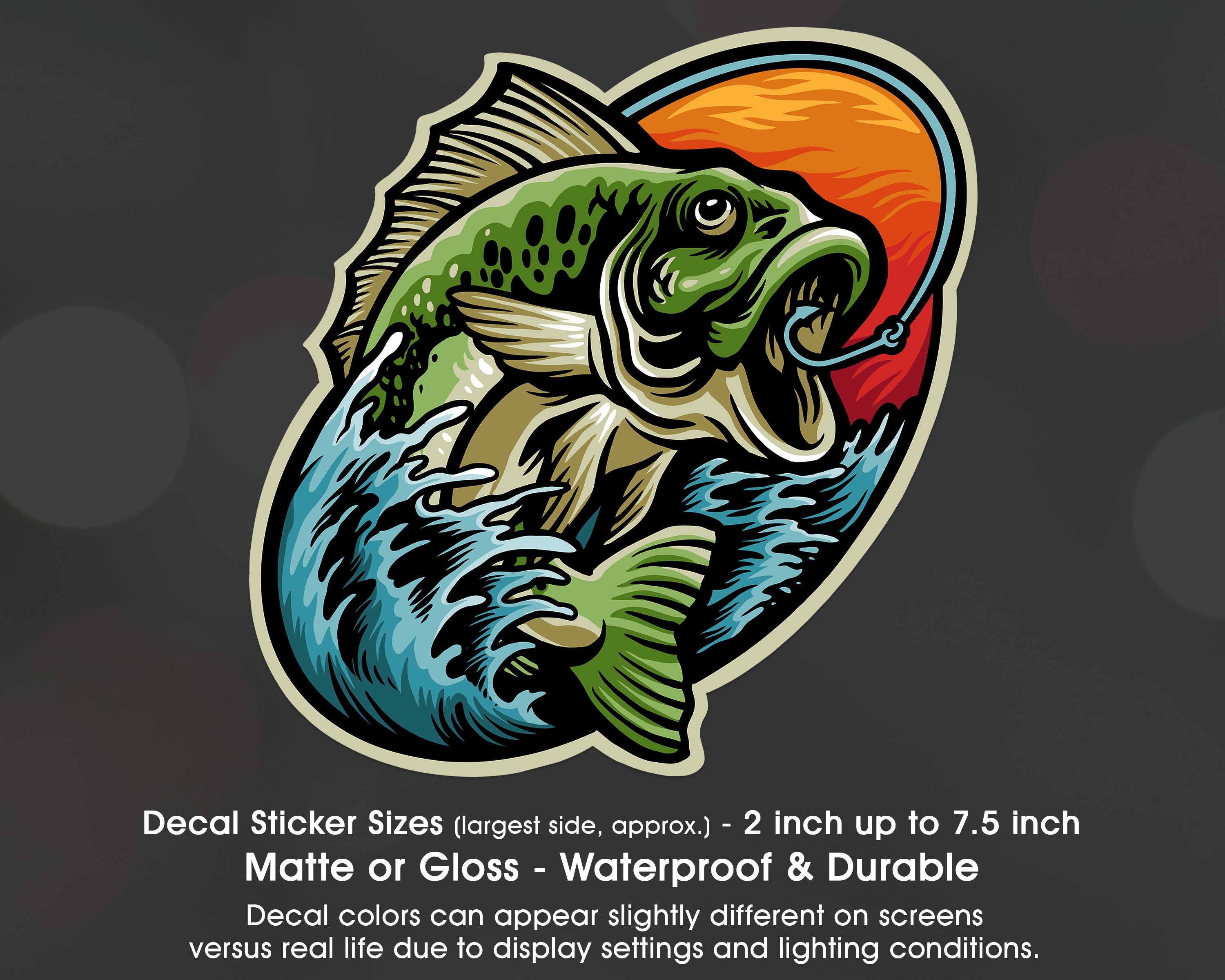 Bass Fishing Water Scene, Vinyl Decal Sticker Sizes 2 Inch up to 7.5 Inch,  Waterproof & Durable 