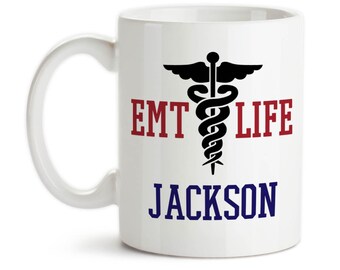 Coffee Mug, Personalized EMT Life EMS Emergency Medical Team Ambulance Service 911 Medical Rescue Monogram Name, Gift Idea