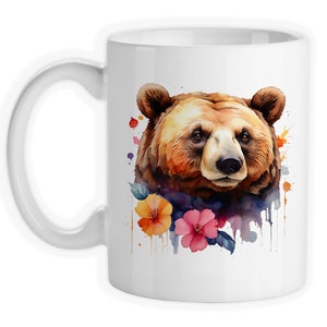 Coffee Mug, Brown Bear Floral Watercolor, Mama Bear, Mother's Day, Bear With Flowers, Gift Idea 11 Fluid ounces