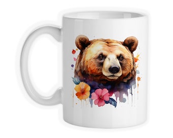 Coffee Mug, Brown Bear Floral Watercolor, Mama Bear, Mother's Day, Bear With Flowers, Gift Idea