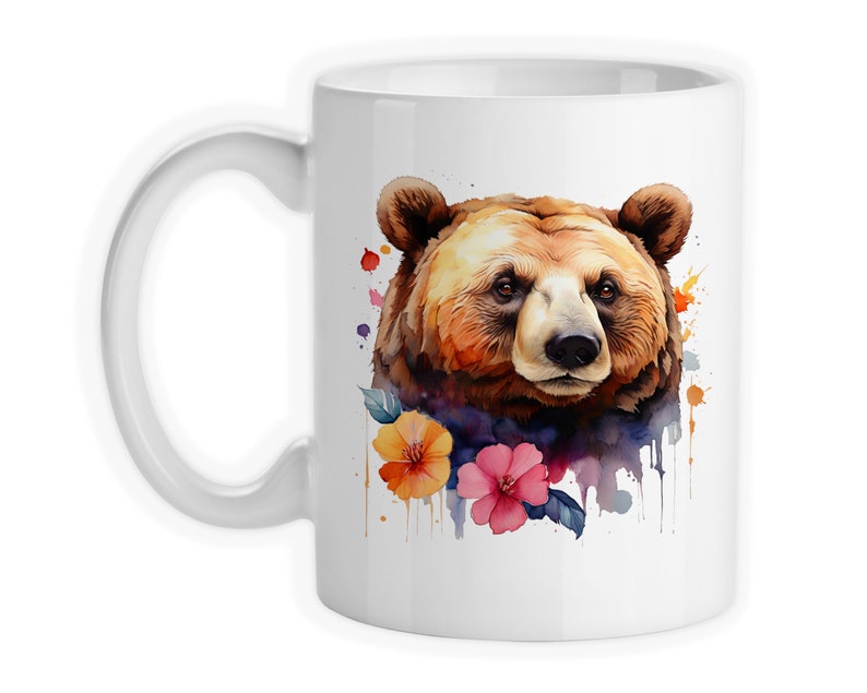 Coffee Mug, Brown Bear Floral Watercolor, Mama Bear, Mother's Day, Bear With Flowers, Gift Idea 11 Fluid ounces