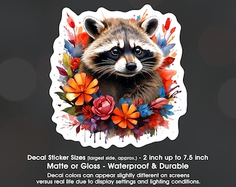 Raccoon Flowers Watercolor, Vinyl Decal Sticker Sizes 2 inch up to 7.5 inch, Waterproof & Durable