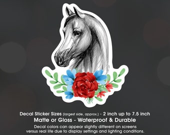 Horse Head Sketch Watercolor Flower Art, Vinyl Decal Sticker Sizes 2 inch up to 7.5 inch, Waterproof & Durable