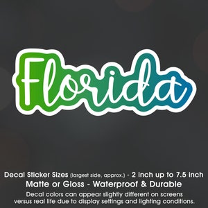 Florida State Text Tropical Blue Green Gadident, Vinyl Decal Sticker Sizes 2 inch up to 7.5 inch, Waterproof & Durable