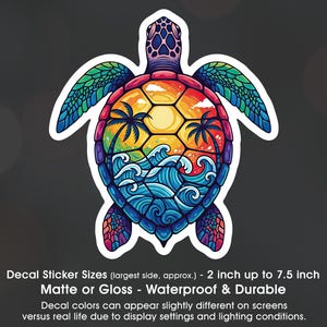 May include: A colorful turtle sticker with a tropical scene inside its shell. The design features a sunset, palm trees, and ocean waves. The sticker is available in sizes from 2 inches to 7.5 inches.