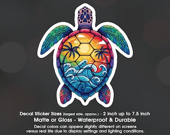 Sea Turtle Stylized Shell Beach Scene, Vinyl Decal Sticker Sizes 2 inch up to 7.5 inch, Waterproof & Durable
