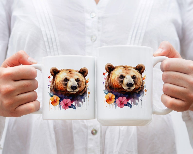 Coffee Mug, Brown Bear Floral Watercolor, Mama Bear, Mother's Day, Bear With Flowers, Gift Idea image 6