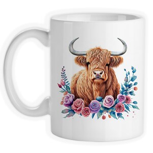 Coffee Mug, Highland Cow Watercolor Flowers, Cow Gift, Cow Mug, Cute Cow, Scottish Highland Cow, Watercolor Cow Art, Gift Idea