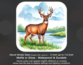 Buck Deer On A River, Vinyl Decal Sticker Sizes 2 inch up to 7.5 inch, Waterproof & Durable