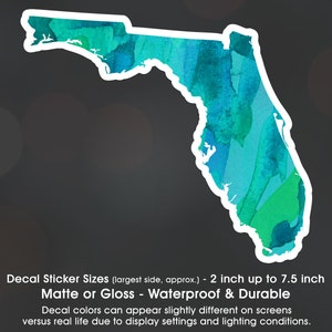 Florida State Watercolor Tropical Blue Green, Vinyl Decal Sticker Sizes 2 inch up to 7.5 inch, Waterproof & Durable