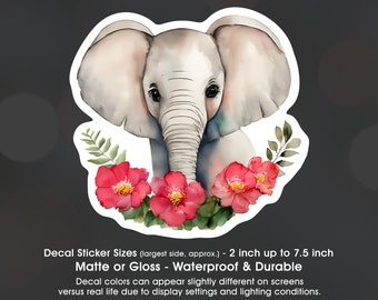 Elephant Flowers Watercolor, Vinyl Decal Sticker Sizes 2 inch up to 7.5 inch, Waterproof & Durable