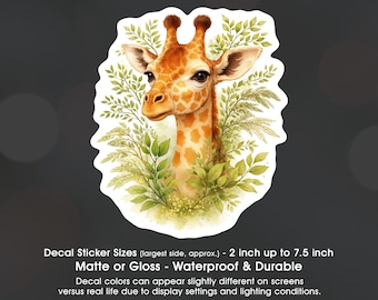 Giraffe With Leaves Watercolor Art, Vinyl Decal Sticker Sizes 2 inch up to 7.5 inch, Waterproof & Durable