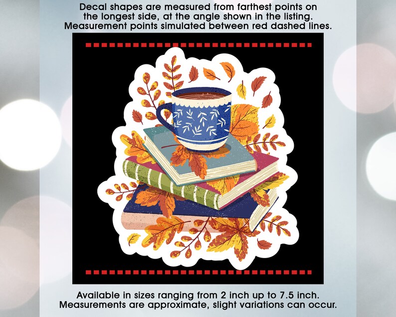 May include: A blue coffee mug with a white design sits on top of a stack of four books. The books are decorated with autumn leaves. The image is surrounded by a white border.