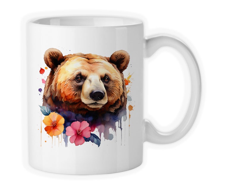 Coffee Mug, Brown Bear Floral Watercolor, Mama Bear, Mother's Day, Bear With Flowers, Gift Idea image 2