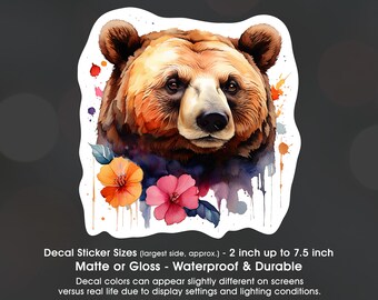 Brown Bear Floral Watercolor, Mama Bear, Vinyl Decal Sticker Sizes 2 inch up to 7.5 inch, Waterproof & Durable