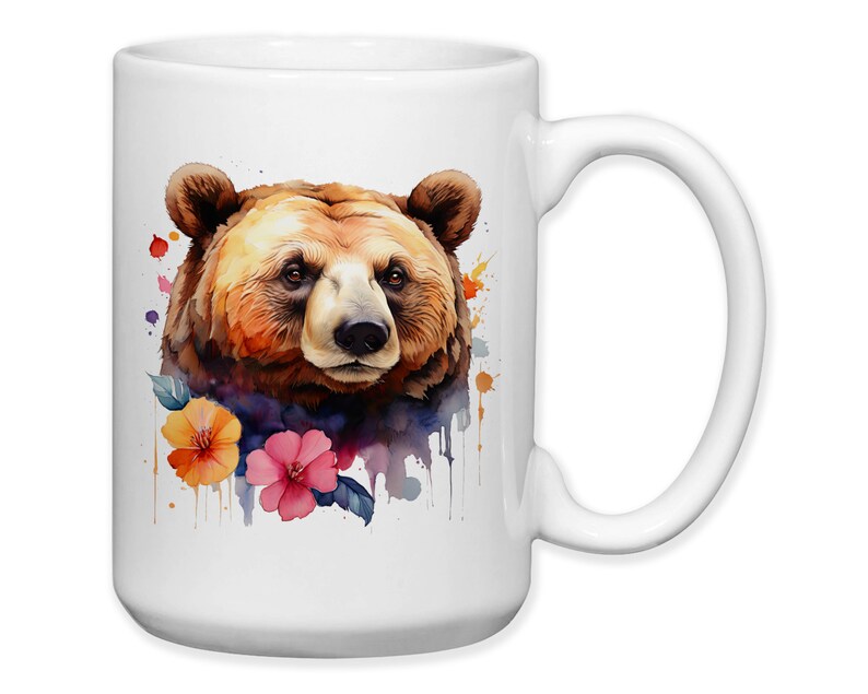 Coffee Mug, Brown Bear Floral Watercolor, Mama Bear, Mother's Day, Bear With Flowers, Gift Idea 15 Fluid ounces