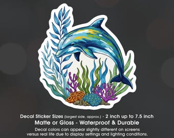 Dolphin With Ocean Plants, Vinyl Decal Sticker Sizes 2 inch up to 7.5 inch, Waterproof & Durable