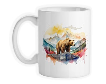 Coffee Mug, Brown Bear Mountain Watercolor, Hiking, Nature, Bear Lover, Gift Idea