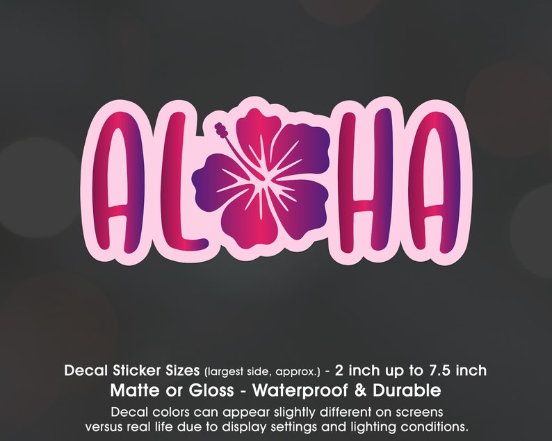 Aloha Hawaiian Hibiscus Pink Purple, Vinyl Decal Sticker Sizes 2 inch up to 7.5 inch, Waterproof & Durable image 1