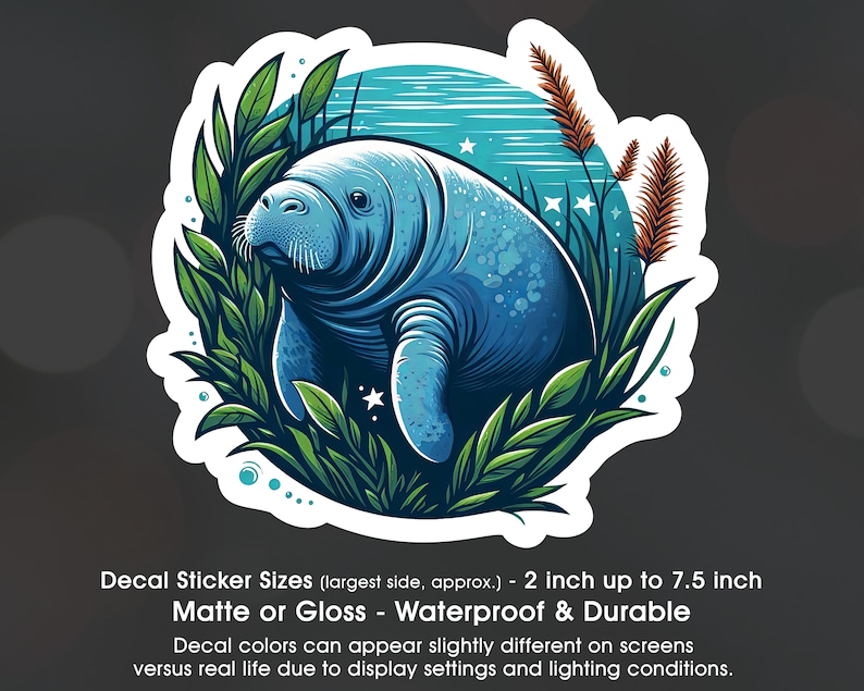 Manatee Sea Cow Underwater, Manatee Lover, Vinyl Decal Sticker Sizes 2 inch up to 7.5 inch, Waterproof & Durable image 1