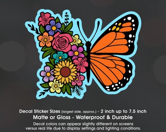 Monarch Butterfly Floral Flower Art, Vinyl Decal Sticker Sizes 2 inch up to 7.5 inch, Waterproof & Durable