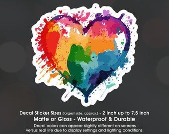 Heart Rainbow Watercolor, Vinyl Decal Sticker Sizes 2 inch up to 7.5 inch, Waterproof & Durable - Valentine, Anniversary, Wedding, Love 002
