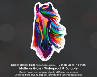 Horse Face Color Spash Rainbow Art, Vinyl Decal Sticker Sizes 2 inch up to 7.5 inch, Waterproof & Durable