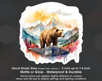 Brown Bear Mountain Watercolor, Vinyl Decal Sticker Sizes 2 inch up to 7.5 inch, Waterproof & Durable