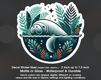 Manatee Cute Sea Cow, Manatee Lover, Vinyl Decal Sticker Sizes 2 inch up to 7.5 inch, Waterproof & Durable