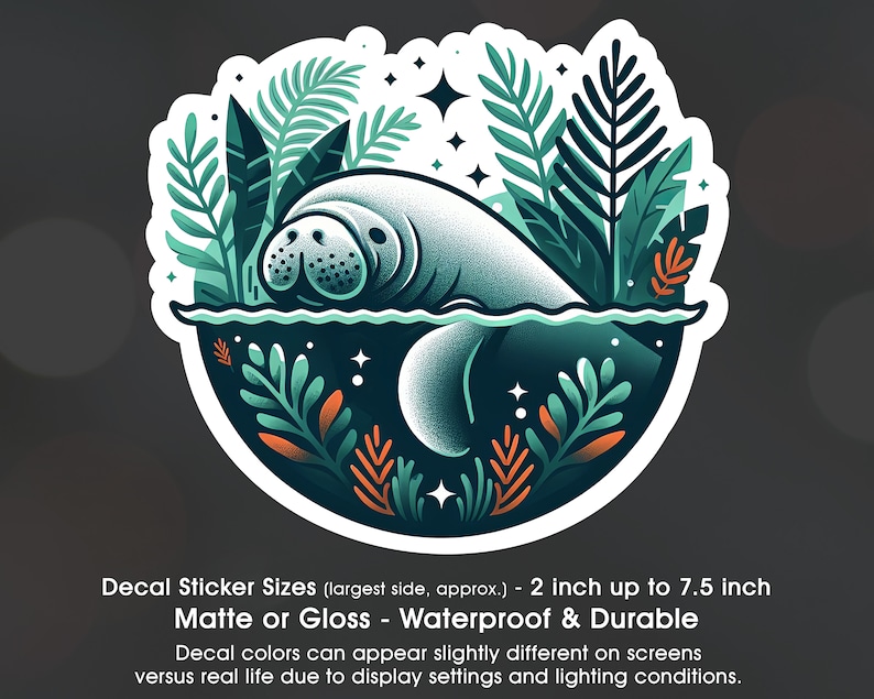 Manatee Cute Sea Cow, Manatee Lover, Vinyl Decal Sticker Sizes 2 inch up to 7.5 inch, Waterproof & Durable image 1