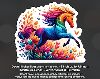 Horse Running Rainbow Flower Art, Vinyl Decal Sticker Sizes 2 inch up to 7.5 inch, Waterproof & Durable