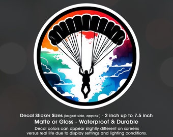 Skydiver Vivid Sky, Jump, Parachute, Sky Dive, Vinyl Decal Sticker Sizes 2 inch up to 7.5 inch, Waterproof & Durable