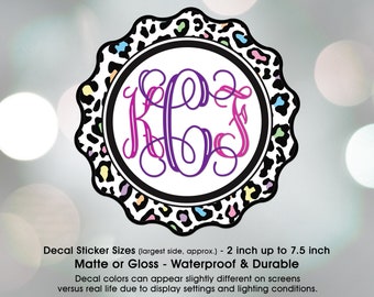 Monogram Colorful Leopard Print Personalized Custom, Vinyl Decal Sticker Sizes 2 inch up to 7.5 inch, Waterproof & Durable