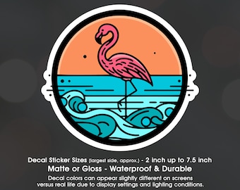 Flamingo On The Beach, Flamingo Lover, Vinyl Decal Sticker Sizes 2 inch up to 7.5 inch, Waterproof & Durable