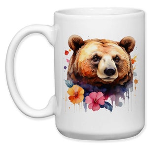 Coffee Mug, Brown Bear Floral Watercolor, Mama Bear, Mother's Day, Bear With Flowers, Gift Idea image 3