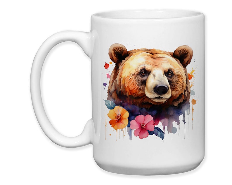 Coffee Mug, Brown Bear Floral Watercolor, Mama Bear, Mother's Day, Bear With Flowers, Gift Idea image 3