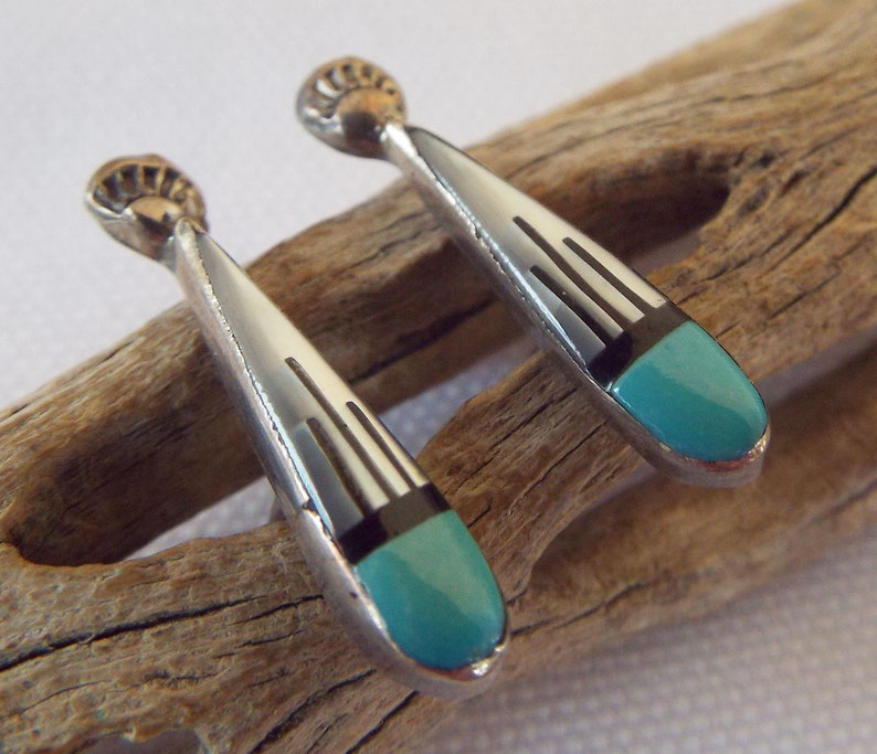 Vintage Southwest Native Tribal Sterling Silver Inlay Turquoise MOP Jet Post Earrings
