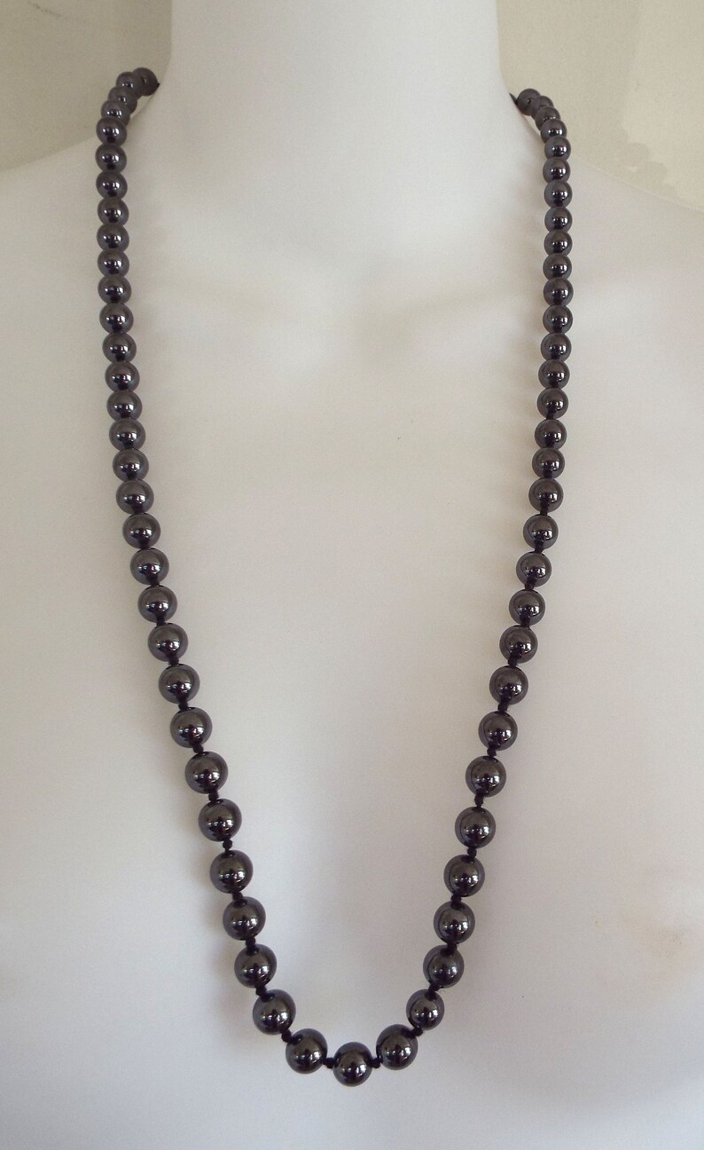 Round 8 Mm Hematite Metallic Black Beaded Knotted Necklace Etsy