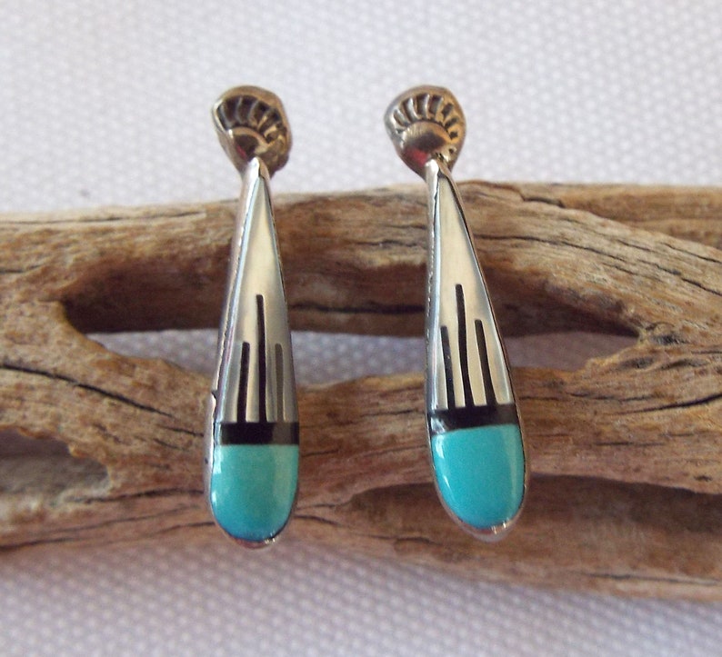 Vintage Southwest Native Tribal Sterling Silver Inlay Turquoise MOP Jet Post Earrings