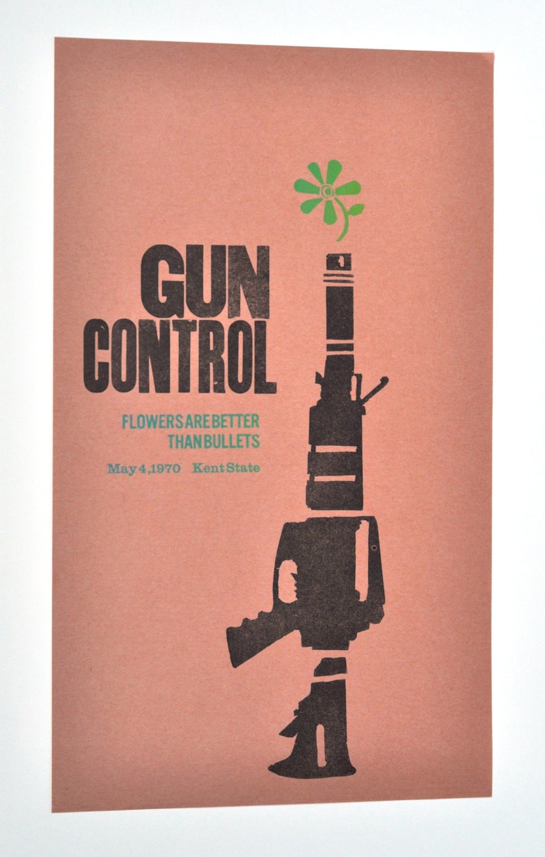 Letterpress on japanese wood block paper Gun Control Poster Flowers are better than bullets