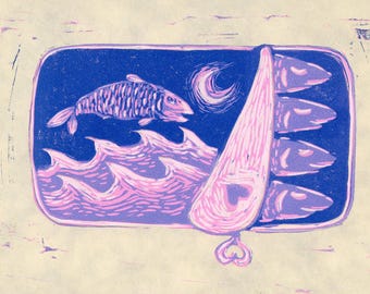 Sleepy Sardines - Reduction Linocut Print