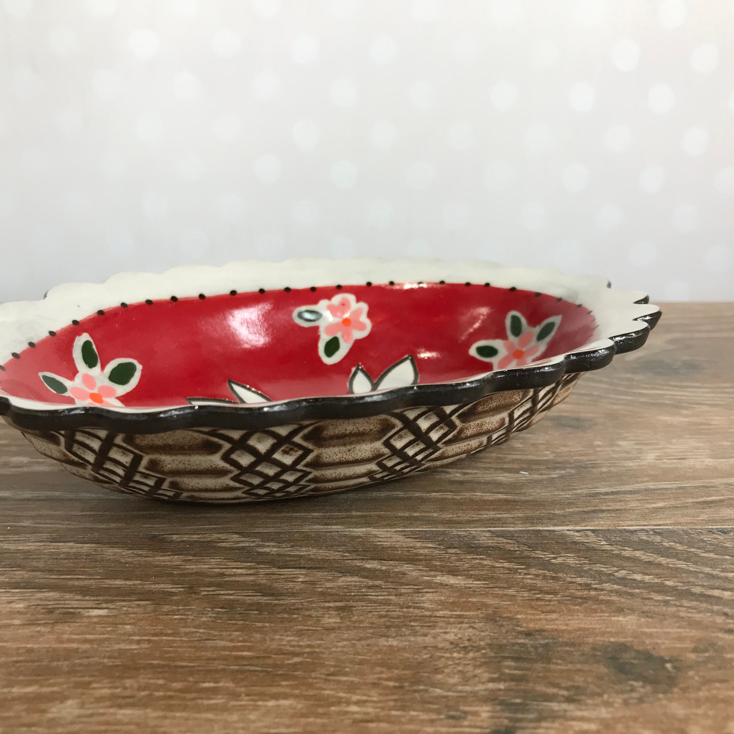Red Ceramic Candy Dish with Rabbits