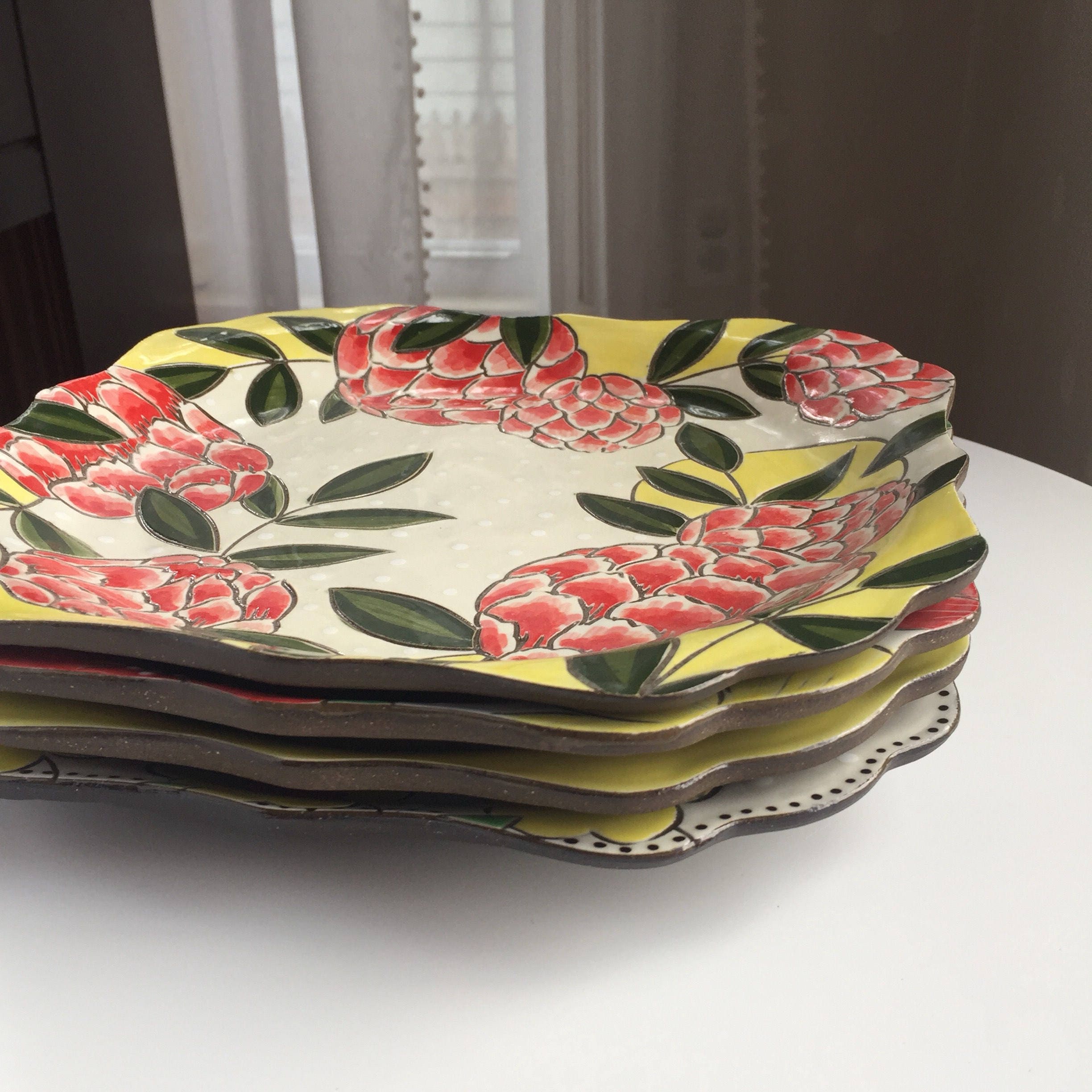 Square Dinner Plate with Handpainted Orange Posy Pattern