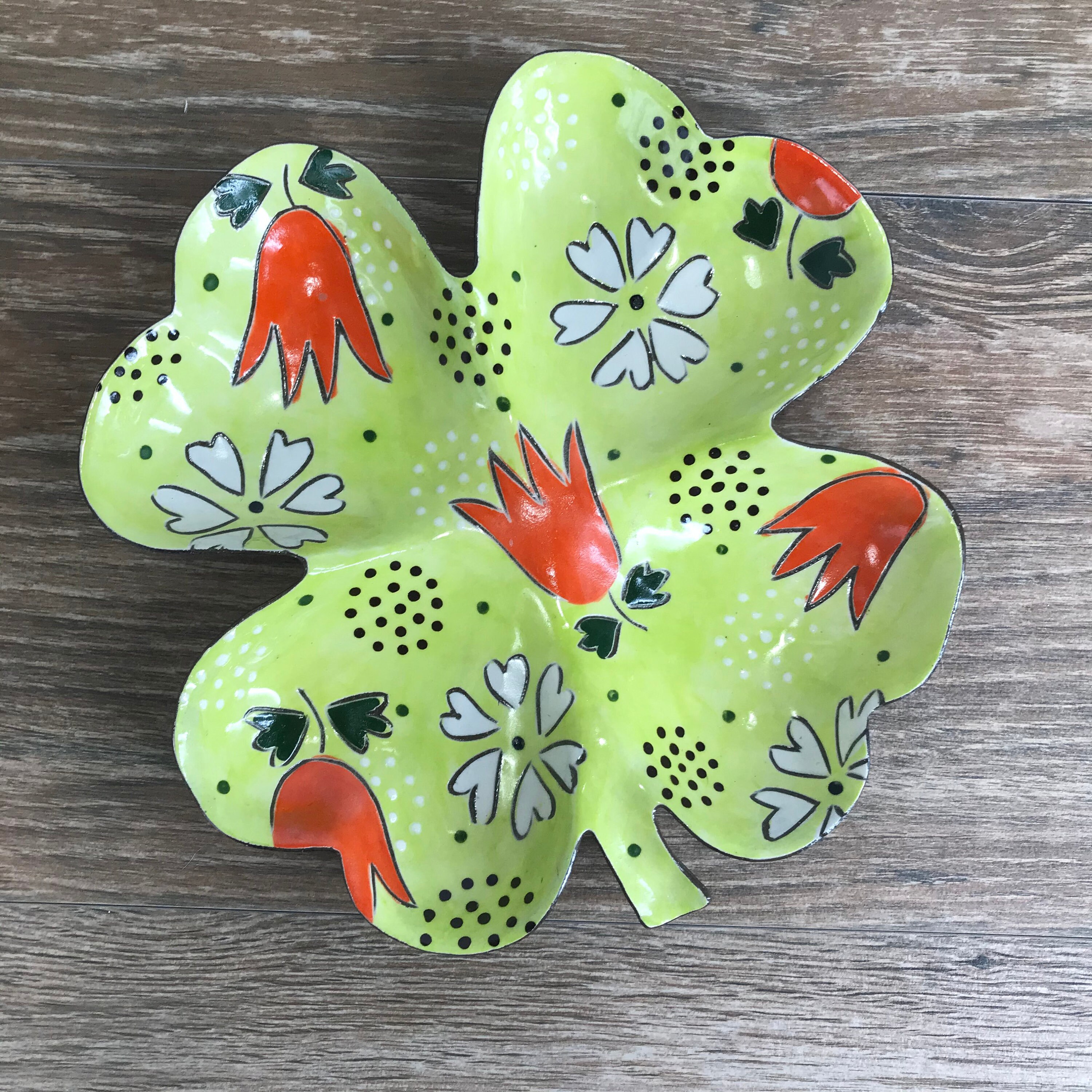 Shamrock Dish with Orange Tulips