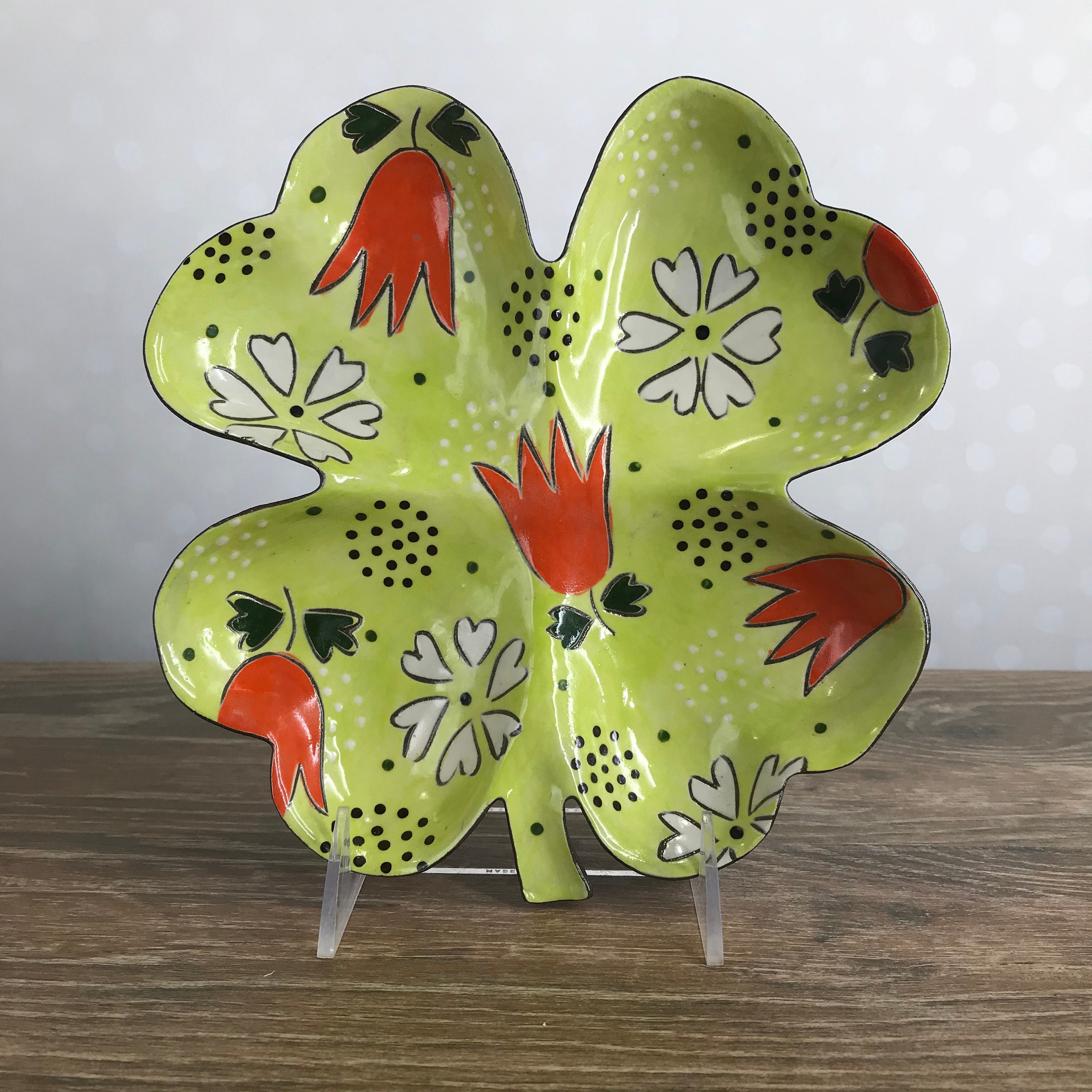 Shamrock Dish with Orange Tulips