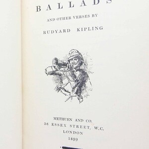 May include: An open book displaying the title "Barrack-Room Ballads" and the author, Rudyard Kipling. The book's pages are off-white, and the cover is red. Includes an illustration of a person with a rifle. Published by Methuen and Co, London, 1899.
