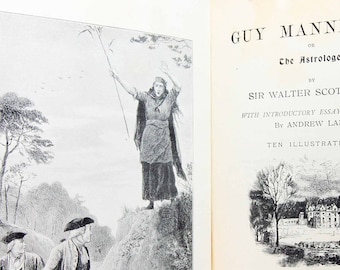 May include: A vintage book cover for "Guy Mannering, The Astrologer" by Sir Walter Scott, Bart. The cover features a black and white illustration of a woman standing on a hilltop with two men on horseback below her. The book was published by Macmillan and Co., Limited in 1910.