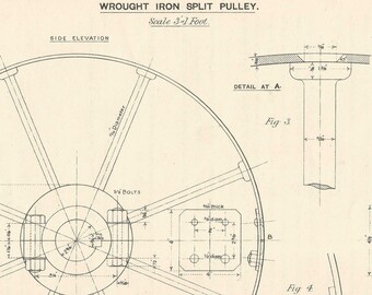 Dessin à la machine, poulie fendue en fer forgé des années 1920 vintage industriel impression dessins d'ingénierie plan Art Plan cadeau maison