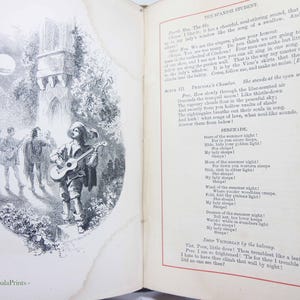 May include: A vintage book page with a detailed illustration of a musician playing a guitar, accompanied by other figures. The setting is an outdoor scene with a building and moon. Text from "The Spanish Student" is on the right.